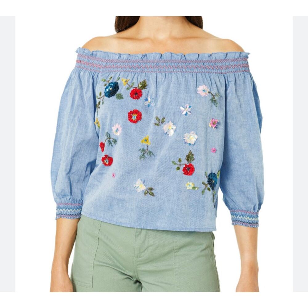 Joie Off-the-Shoulder Sequin Beaded Chambray Top Size Small